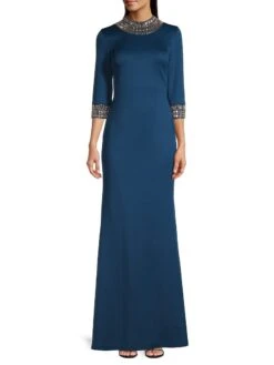 Embellished Three-Quarter-Sleeve Gown 10 Embellished Three-Quarter-Sleeve Gown -Vetdiet Shop 0400016700980 NAVY A1