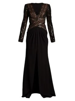 Long-Sleeve Sequin-Embroidered Gown