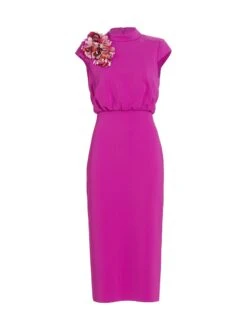 Badgley Mischka Mock Turtleneck Applique Midi-Dress