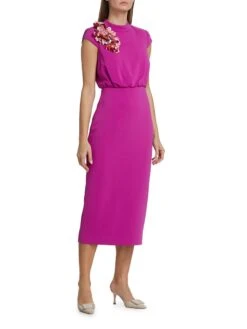 Badgley Mischka Mock Turtleneck Applique Midi-Dress -Vetdiet Shop 0400017577444 FUCHSIA A1