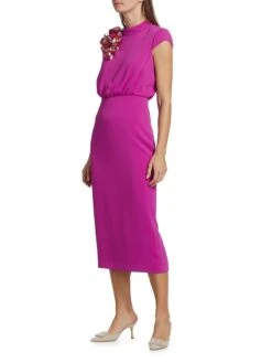 Badgley Mischka Mock Turtleneck Applique Midi-Dress -Vetdiet Shop 0400017577444 FUCHSIA A2