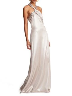 Halston Raelynn Metallic Crepe Halter Gown -Vetdiet Shop 0400018292339 CHAMPAGNE A1
