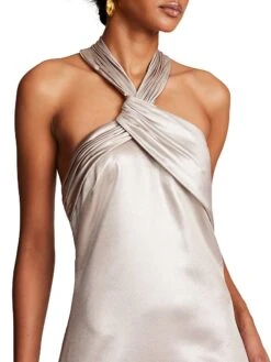 Halston Raelynn Metallic Crepe Halter Gown -Vetdiet Shop 0400018292339 CHAMPAGNE A3