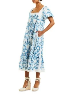 Jasmine Linen-Blend Midi Dress -Vetdiet Shop 0400018532108 BLUEIVORY A1