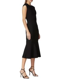 HERVE LEGER Milano Cap-Sleeve Flounce Midi-Dress -Vetdiet Shop 0400018568932 BLACK A2