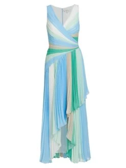 Badgley Mischka Pleated Stripe Surplice Midi-Dress