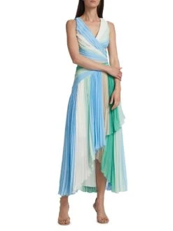 Badgley Mischka Pleated Stripe Surplice Midi-Dress -Vetdiet Shop 0400018953796 MINTMULTI A1