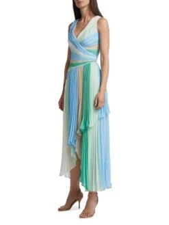 Badgley Mischka Pleated Stripe Surplice Midi-Dress -Vetdiet Shop 0400018953796 MINTMULTI A2