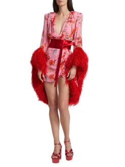 Poppy Feather Bell-Sleeve Minidress -Vetdiet Shop 0400019070137 REDPINKMULTI A1