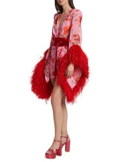 Poppy Feather Bell-Sleeve Minidress -Vetdiet Shop 0400019070137 REDPINKMULTI A2