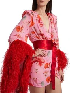 Poppy Feather Bell-Sleeve Minidress -Vetdiet Shop 0400019070137 REDPINKMULTI A5