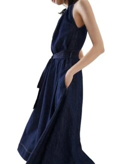 Sparkling Denim Dress With Precious Halterneck -Vetdiet Shop 0400019351940 NAVYBLUE A4